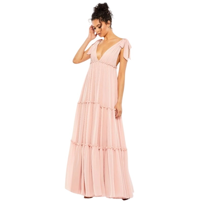 Mac Duggal Dress Size 6 Evening Gown New Blush Pink Tiered V-Neck Plunging Maxi